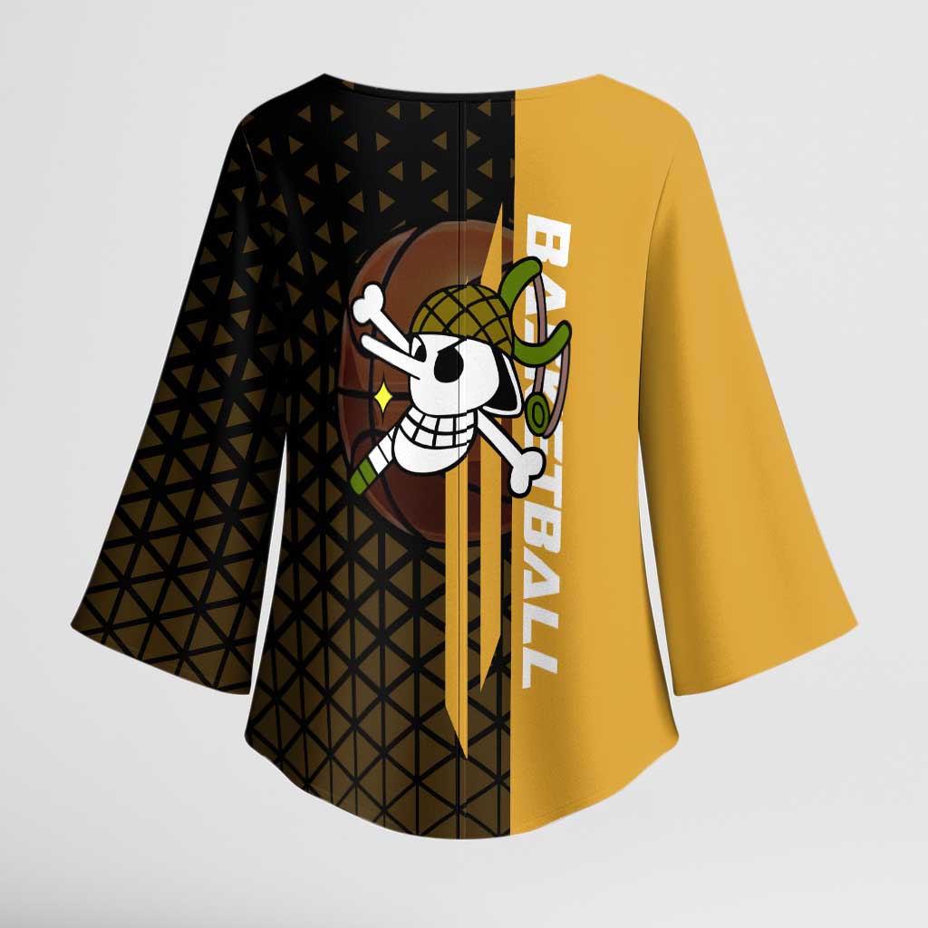 Usopp One Piece Basketball Theme Yellow and Black Design Kimono Sleeve Blouse with Sniper Emblem and Action Pose - The Mazicc