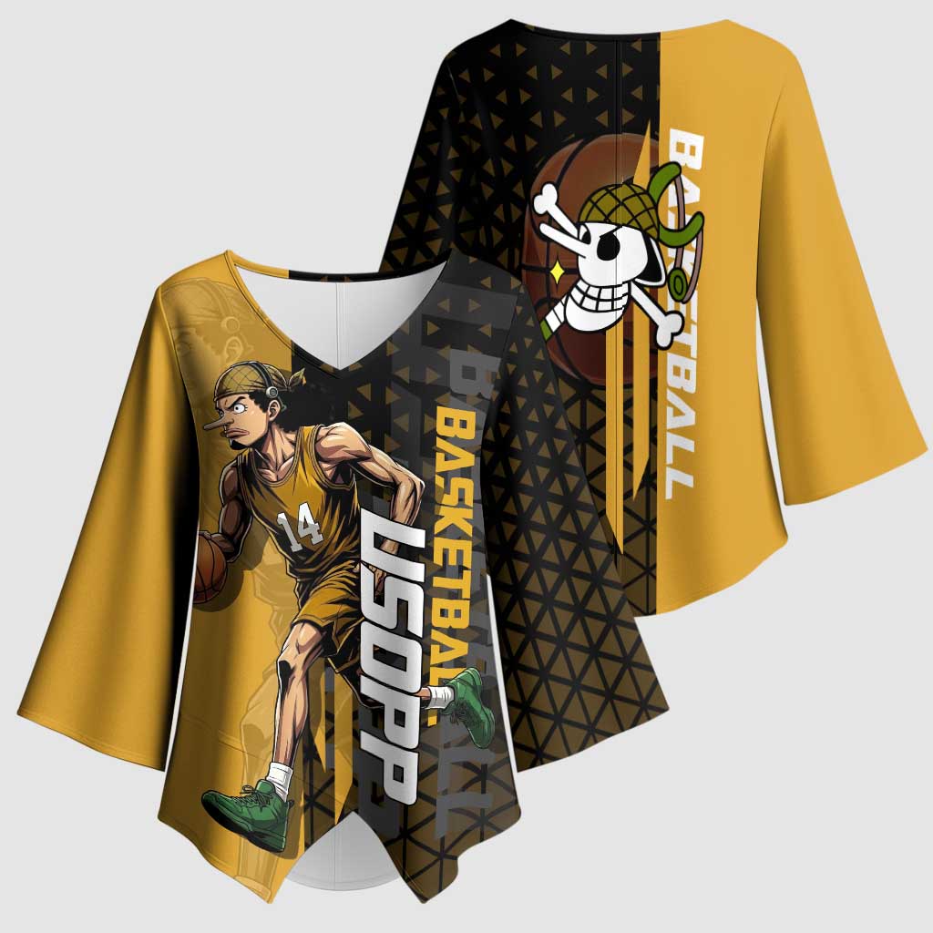 Usopp One Piece Basketball Theme Yellow and Black Design Kimono Sleeve Blouse with Sniper Emblem and Action Pose - The Mazicc