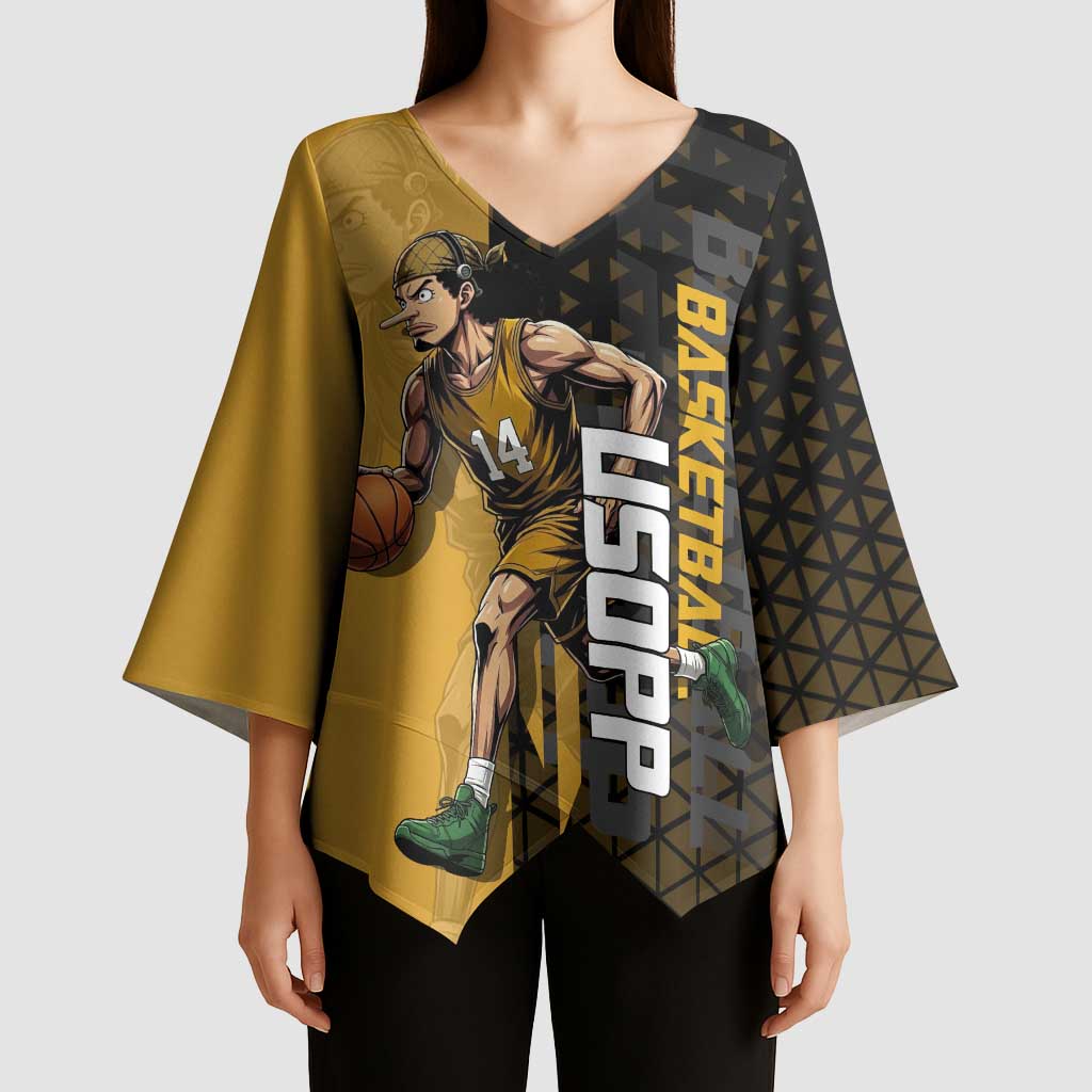 Usopp One Piece Basketball Theme Yellow and Black Design Kimono Sleeve Blouse with Sniper Emblem and Action Pose - The Mazicc