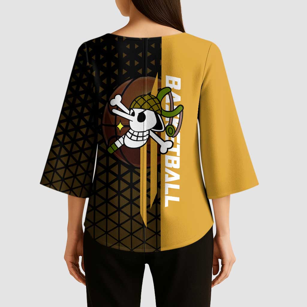 Usopp One Piece Basketball Theme Yellow and Black Design Kimono Sleeve Blouse with Sniper Emblem and Action Pose - The Mazicc