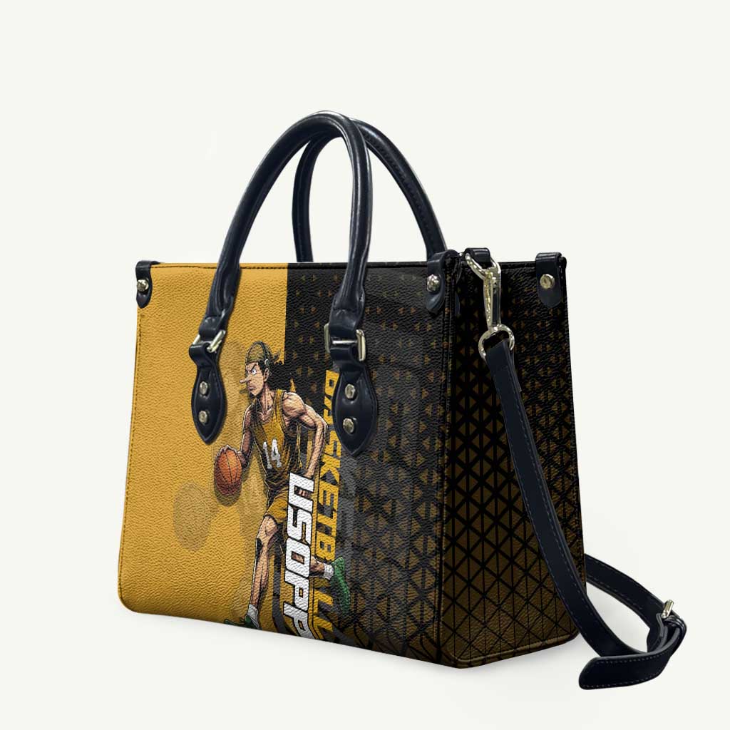 Usopp One Piece Basketball Theme Yellow and Black Design Leather Bag with Sniper Emblem and Action Pose - The Mazicc