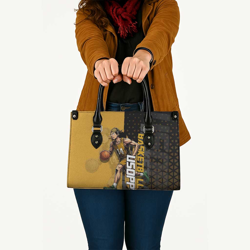 Usopp One Piece Basketball Theme Yellow and Black Design Leather Bag with Sniper Emblem and Action Pose - The Mazicc