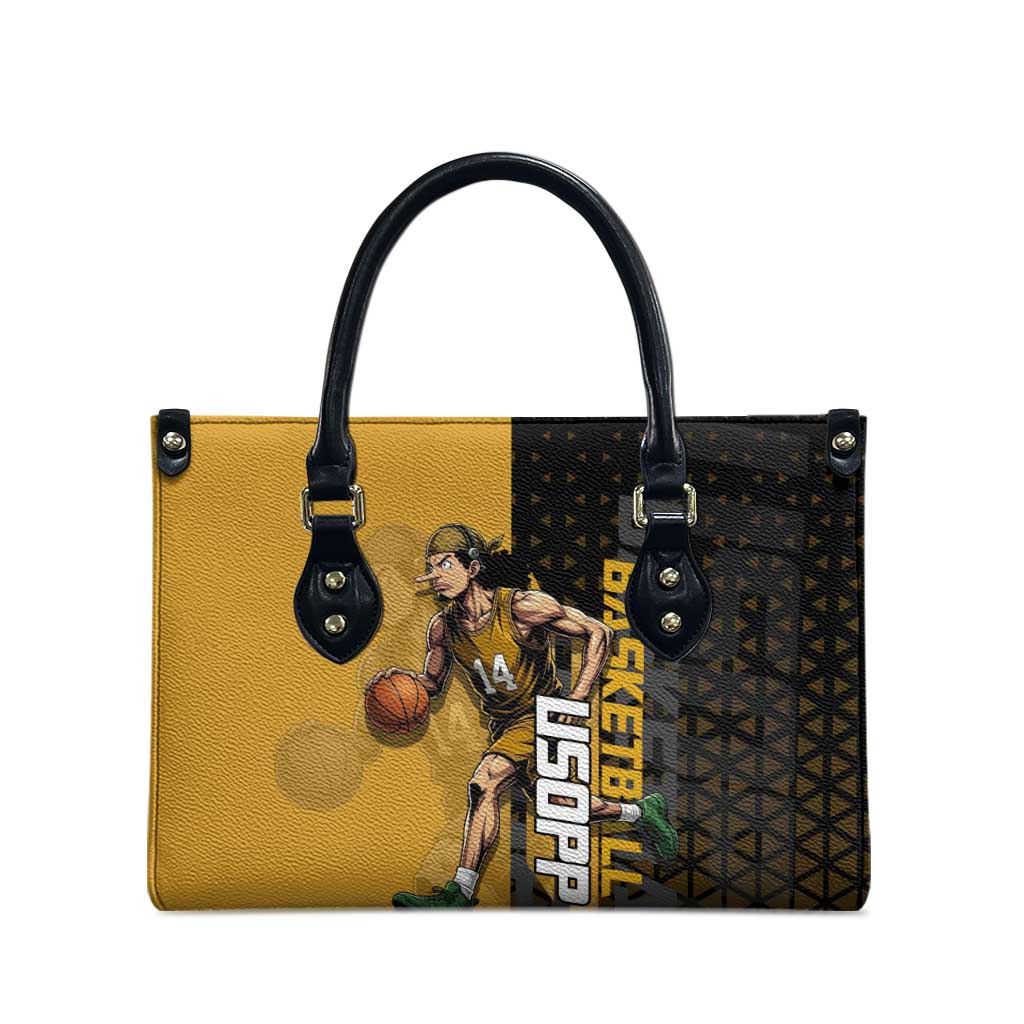 Usopp One Piece Basketball Theme Yellow and Black Design Leather Bag with Sniper Emblem and Action Pose - The Mazicc
