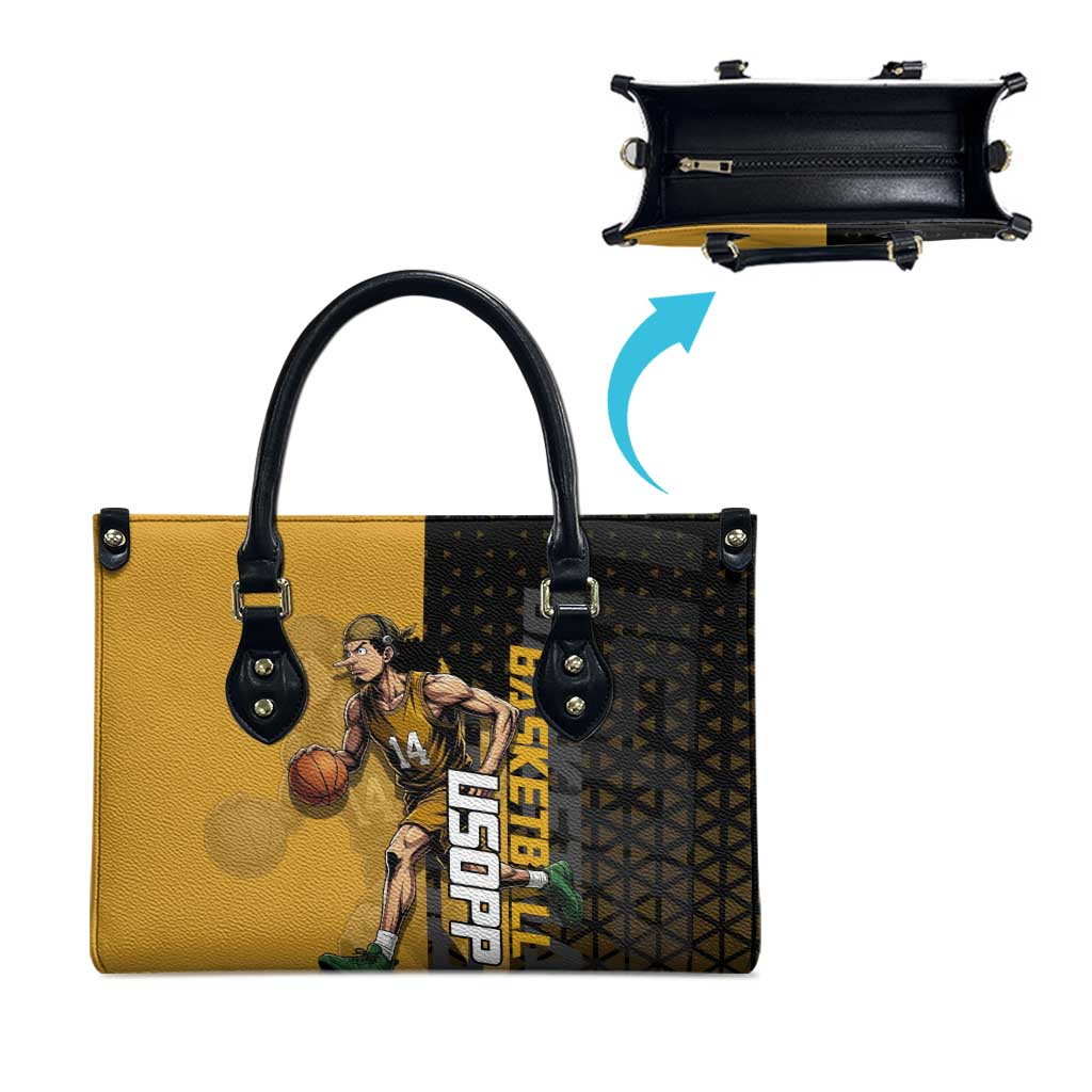 Usopp One Piece Basketball Theme Yellow and Black Design Leather Bag with Sniper Emblem and Action Pose - The Mazicc