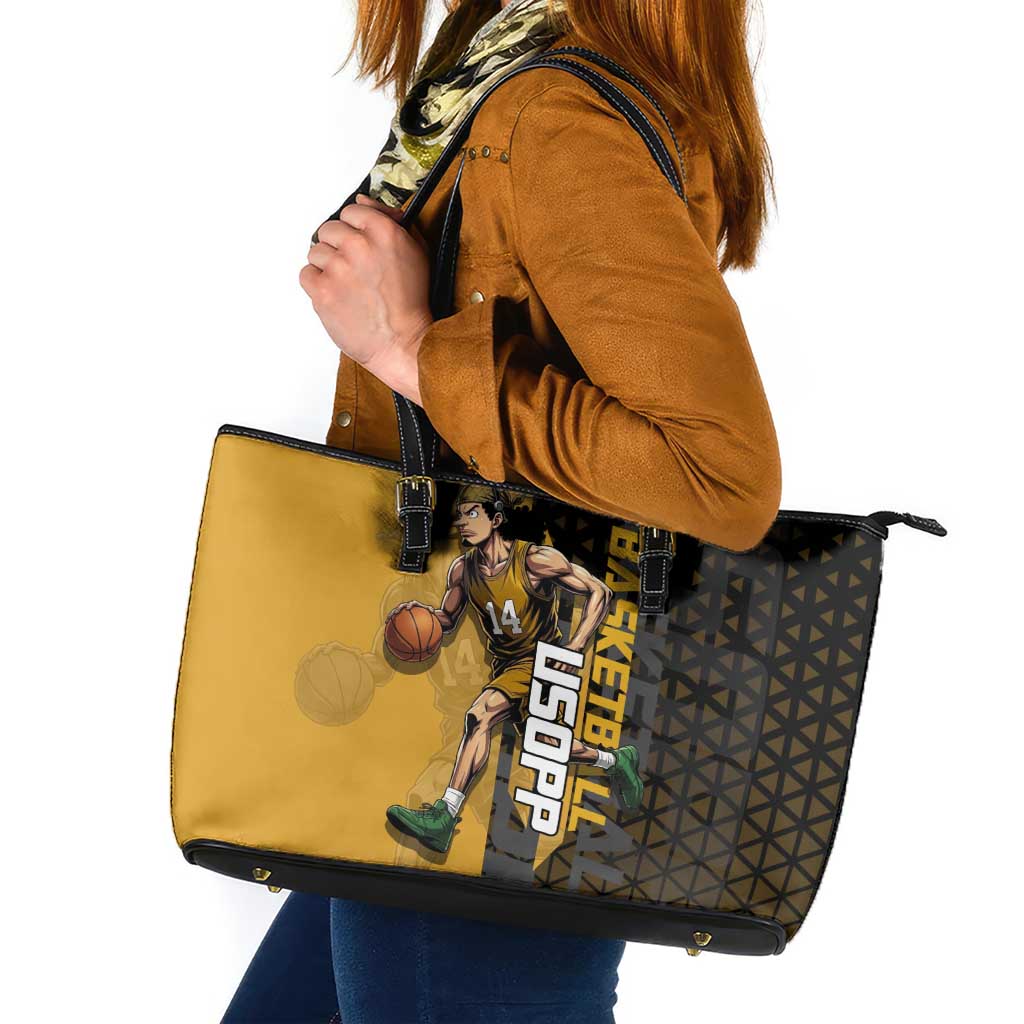 Usopp One Piece Basketball Theme Yellow and Black Design Leather Tote Bag with Sniper Emblem and Action Pose - The Mazicc