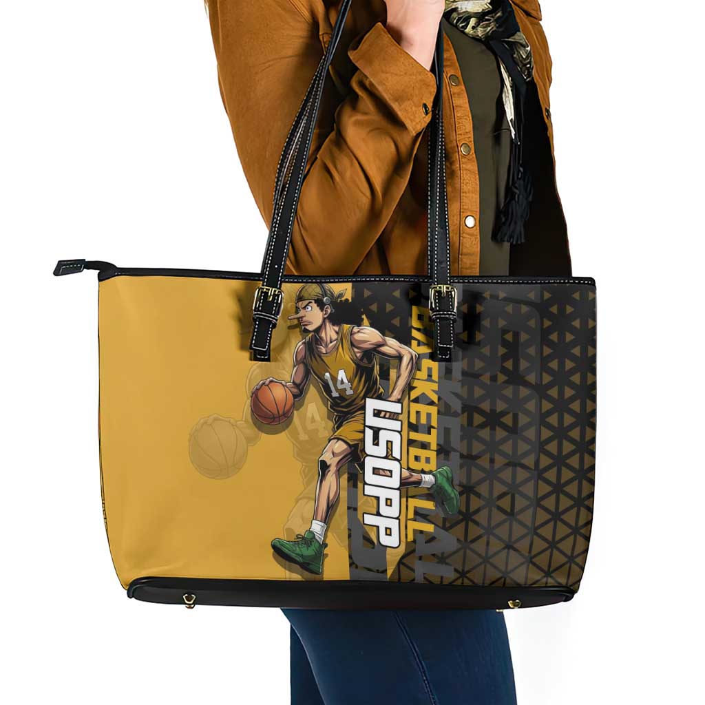 Usopp One Piece Basketball Theme Yellow and Black Design Leather Tote Bag with Sniper Emblem and Action Pose - The Mazicc