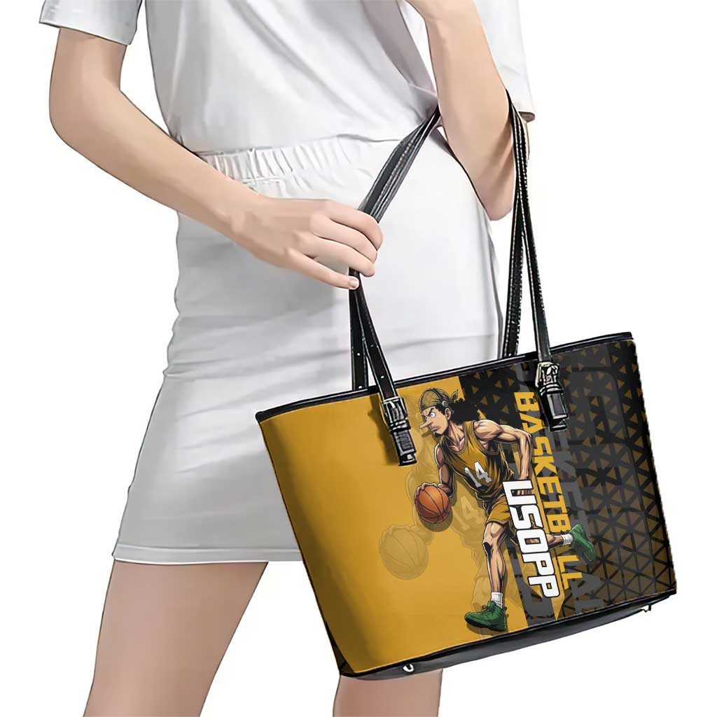 Usopp One Piece Basketball Theme Yellow and Black Design Leather Tote Bag with Sniper Emblem and Action Pose - The Mazicc