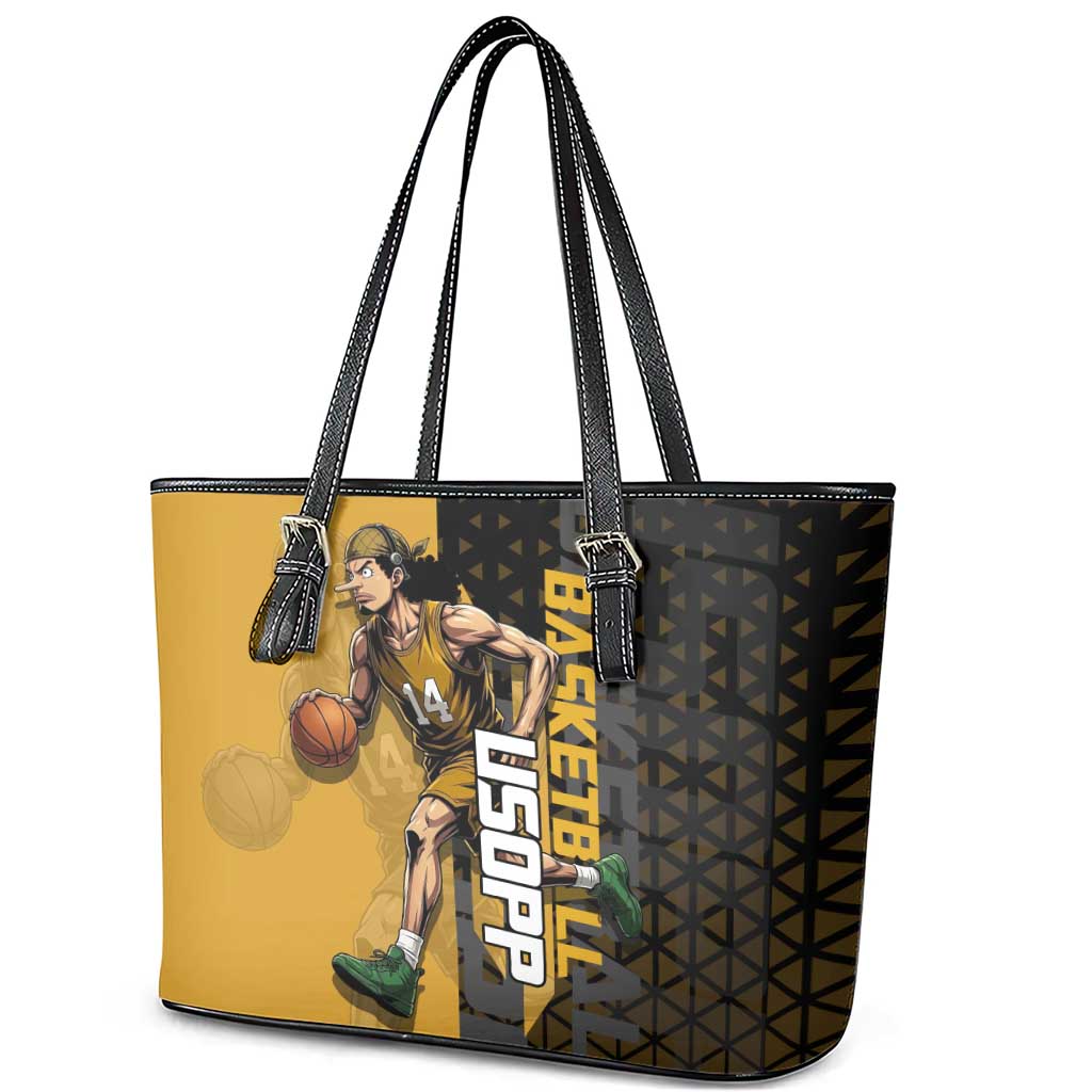 Usopp One Piece Basketball Theme Yellow and Black Design Leather Tote Bag with Sniper Emblem and Action Pose - The Mazicc