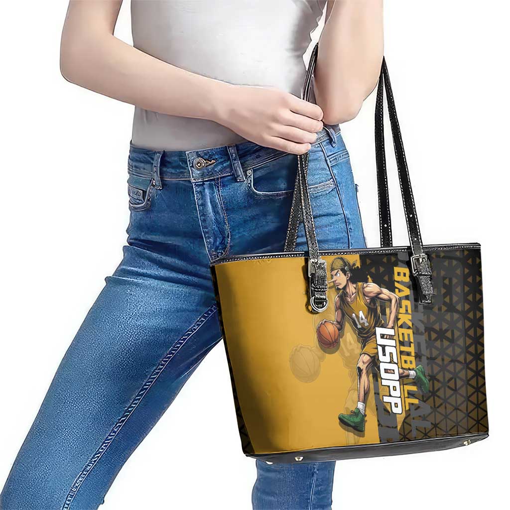 Usopp One Piece Basketball Theme Yellow and Black Design Leather Tote Bag with Sniper Emblem and Action Pose - The Mazicc