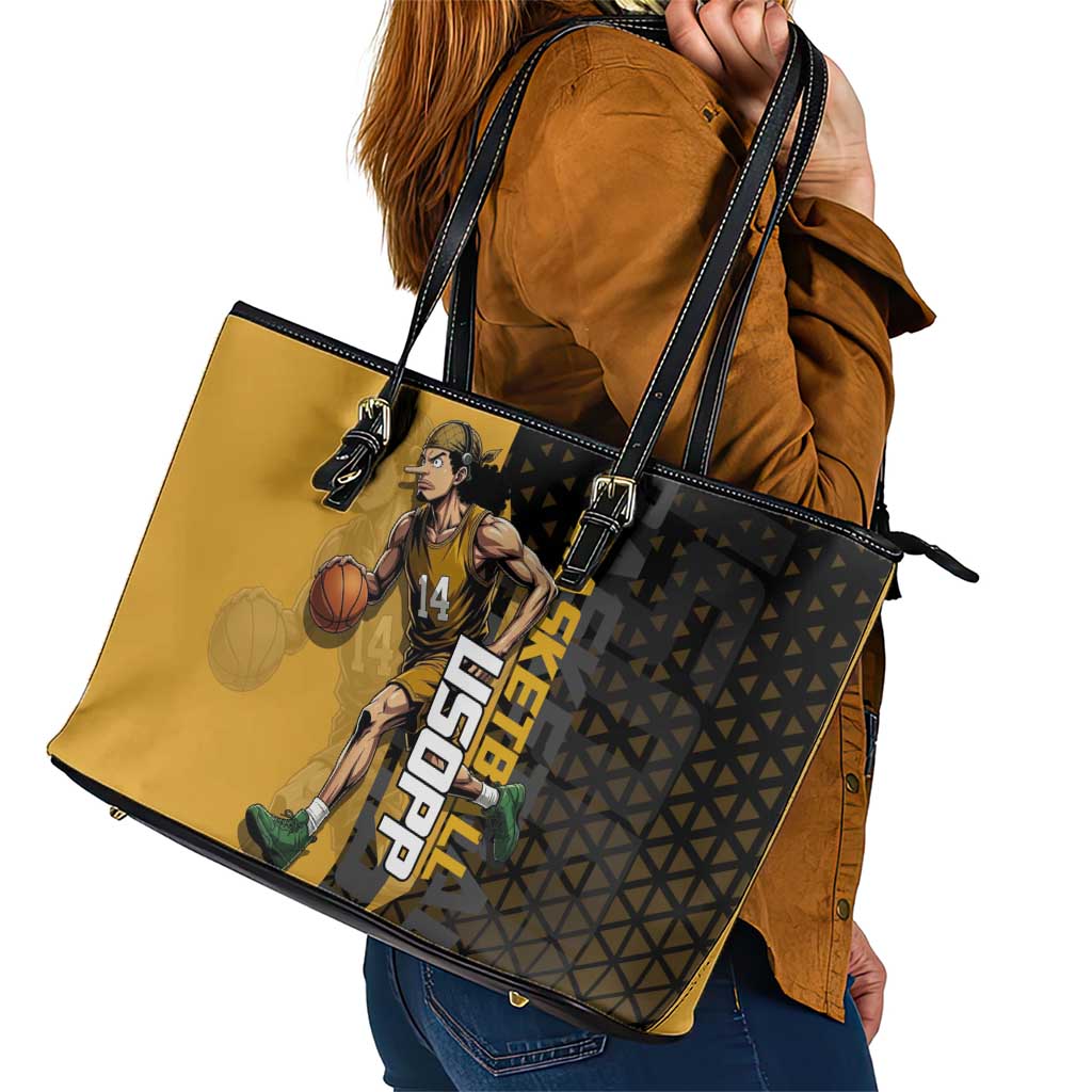 Usopp One Piece Basketball Theme Yellow and Black Design Leather Tote Bag with Sniper Emblem and Action Pose - The Mazicc