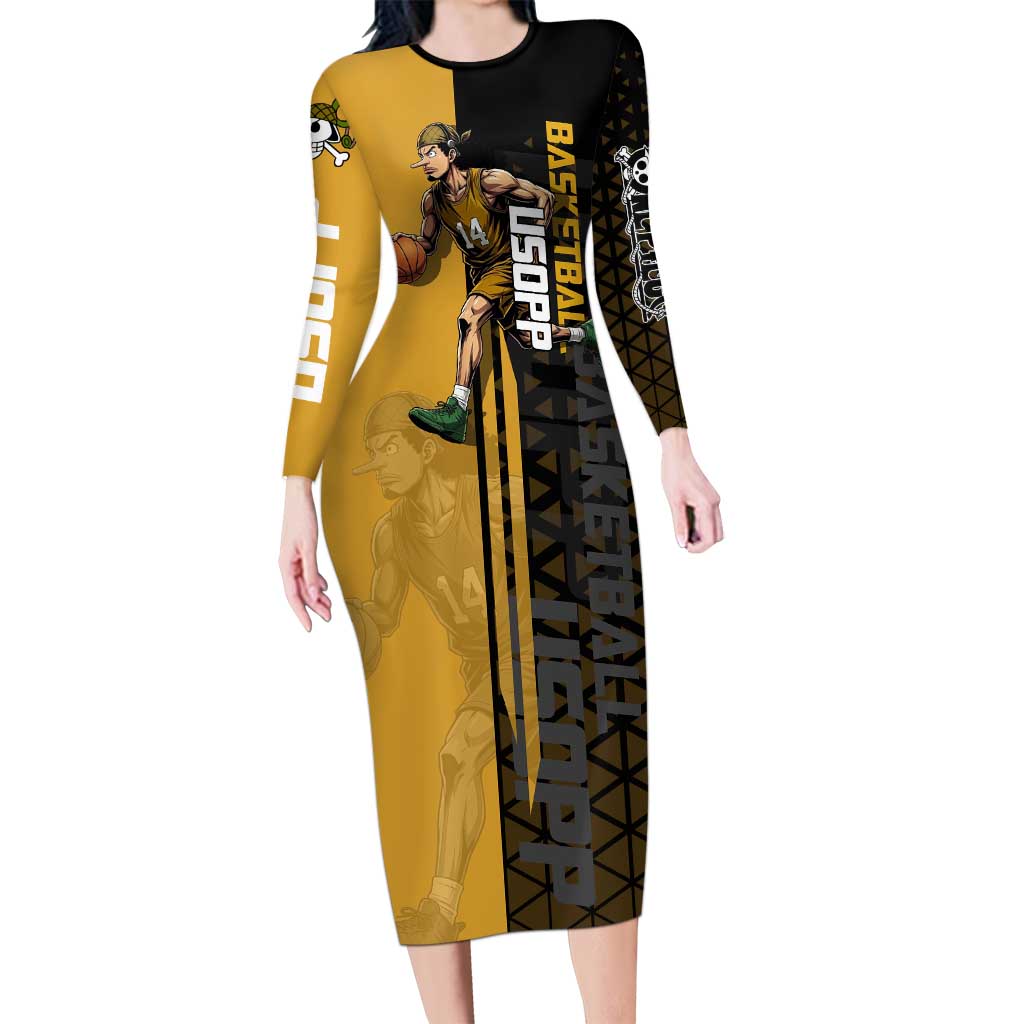 Usopp One Piece Basketball Theme Yellow and Black Design Long Sleeve Bodycon Dress with Sniper Emblem and Action Pose - The Mazicc