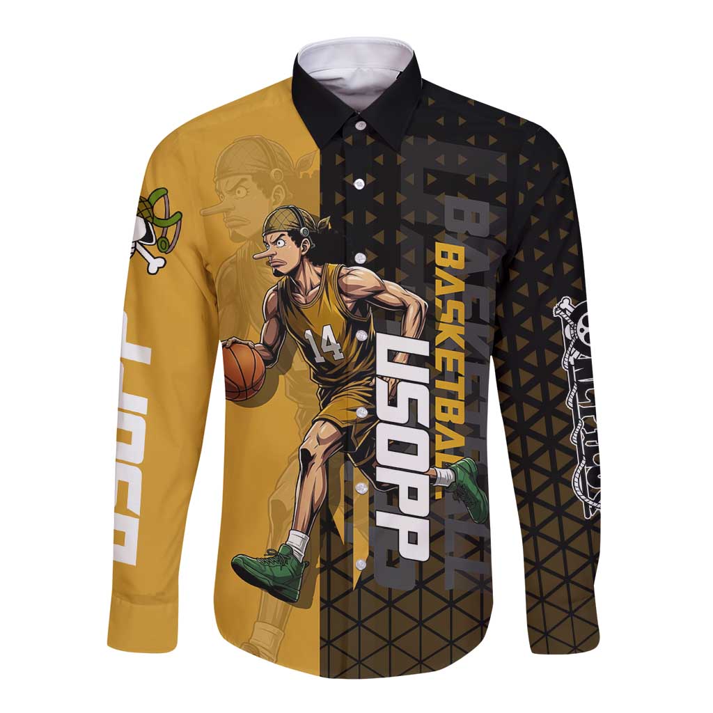 Usopp One Piece Basketball Theme Yellow and Black Design Long Sleeve Button Shirt with Sniper Emblem and Action Pose - The Mazicc