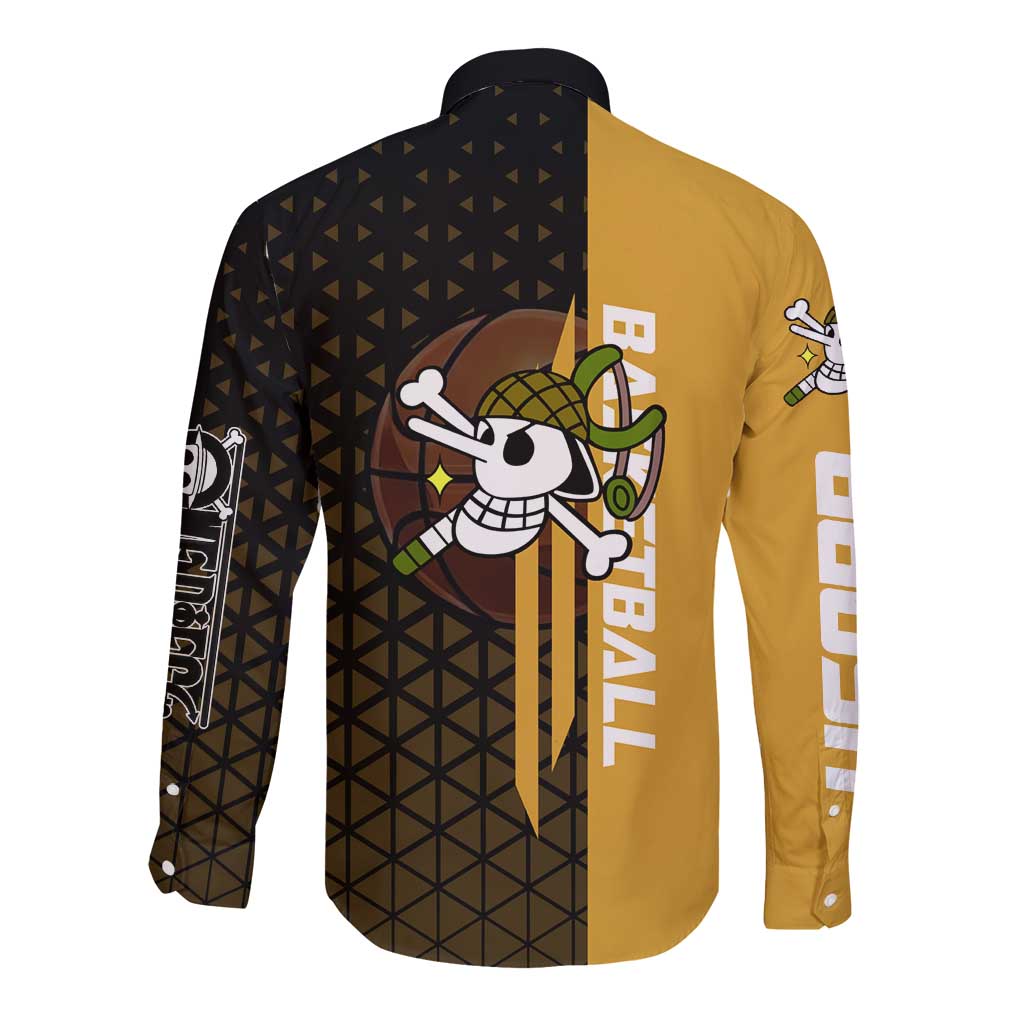 Usopp One Piece Basketball Theme Yellow and Black Design Long Sleeve Button Shirt with Sniper Emblem and Action Pose - The Mazicc