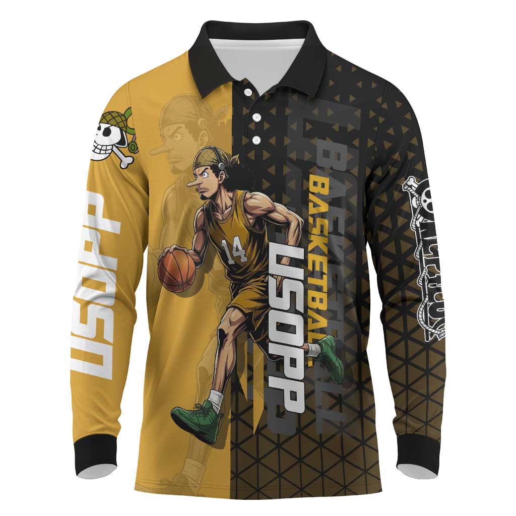 Usopp One Piece Basketball Theme Yellow and Black Design Long Sleeve Polo Shirt with Sniper Emblem and Action Pose - The Mazicc