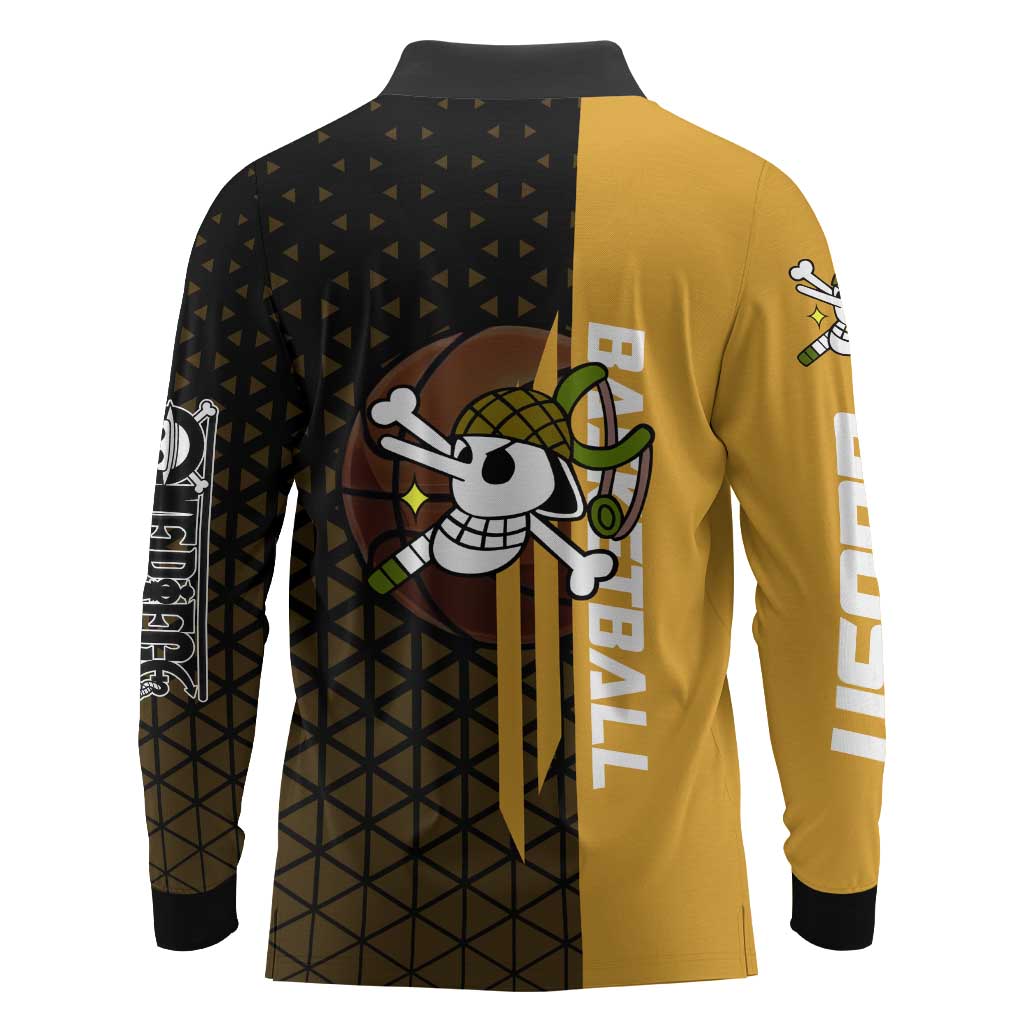Usopp One Piece Basketball Theme Yellow and Black Design Long Sleeve Polo Shirt with Sniper Emblem and Action Pose - The Mazicc