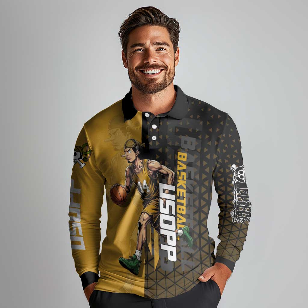 Usopp One Piece Basketball Theme Yellow and Black Design Long Sleeve Polo Shirt with Sniper Emblem and Action Pose - The Mazicc