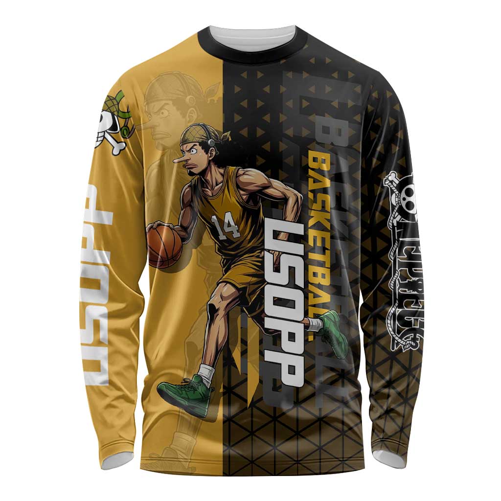 Usopp One Piece Basketball Theme Yellow and Black Design Long Sleeve Shirt with Sniper Emblem and Action Pose - The Mazicc