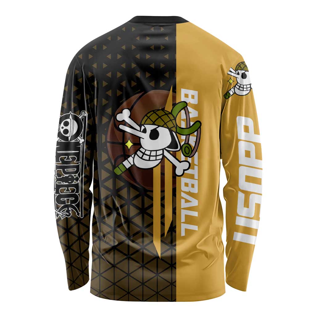 Usopp One Piece Basketball Theme Yellow and Black Design Long Sleeve Shirt with Sniper Emblem and Action Pose - The Mazicc