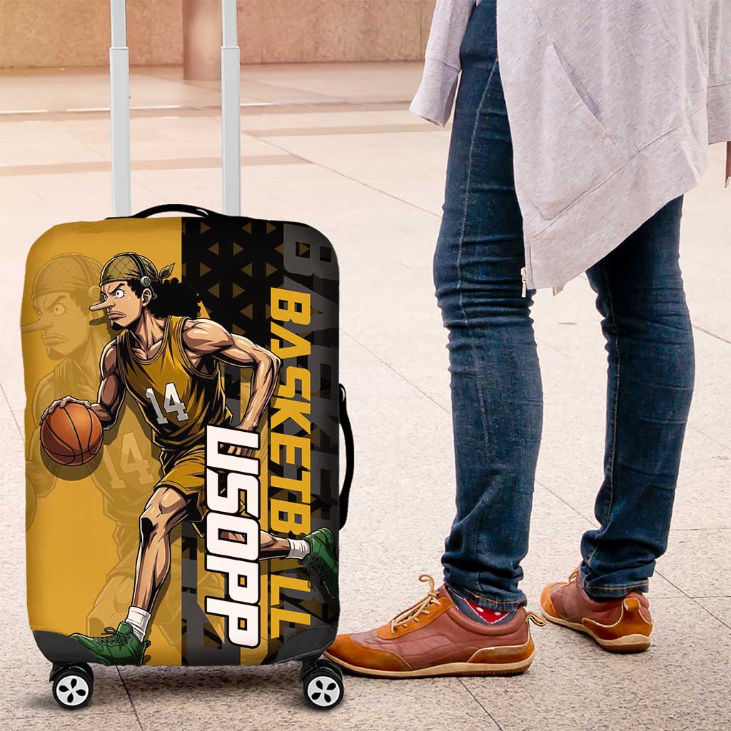 Usopp One Piece Basketball Theme Yellow and Black Design Luggage Cover with Sniper Emblem and Action Pose - The Mazicc