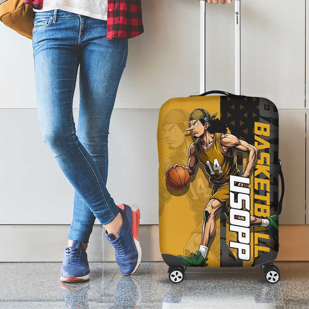 Usopp One Piece Basketball Theme Yellow and Black Design Luggage Cover with Sniper Emblem and Action Pose - The Mazicc
