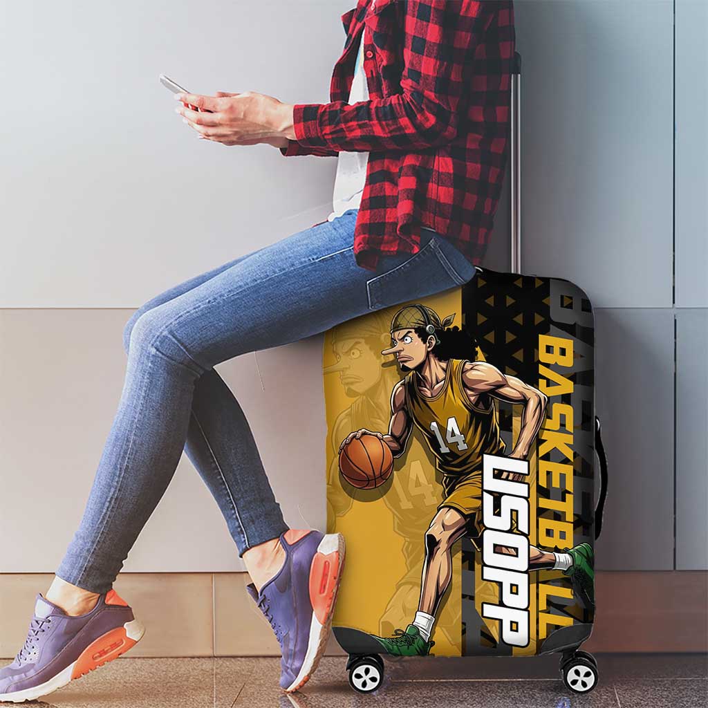 Usopp One Piece Basketball Theme Yellow and Black Design Luggage Cover with Sniper Emblem and Action Pose - The Mazicc