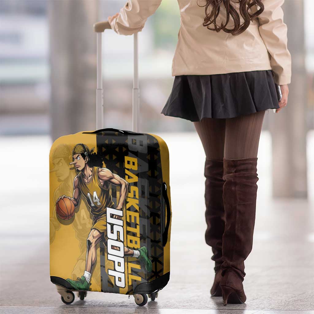Usopp One Piece Basketball Theme Yellow and Black Design Luggage Cover with Sniper Emblem and Action Pose - The Mazicc