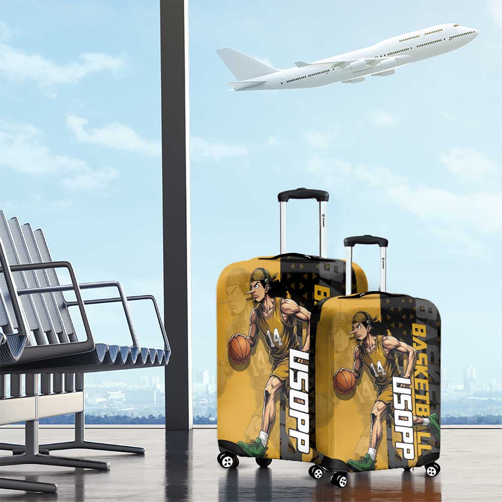 Usopp One Piece Basketball Theme Yellow and Black Design Luggage Cover with Sniper Emblem and Action Pose - The Mazicc