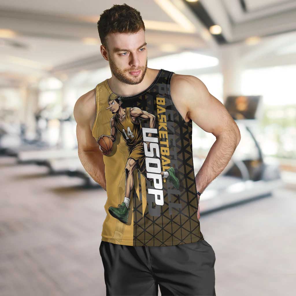 Usopp One Piece Basketball Theme Yellow and Black Design Men Tank Top with Sniper Emblem and Action Pose - The Mazicc
