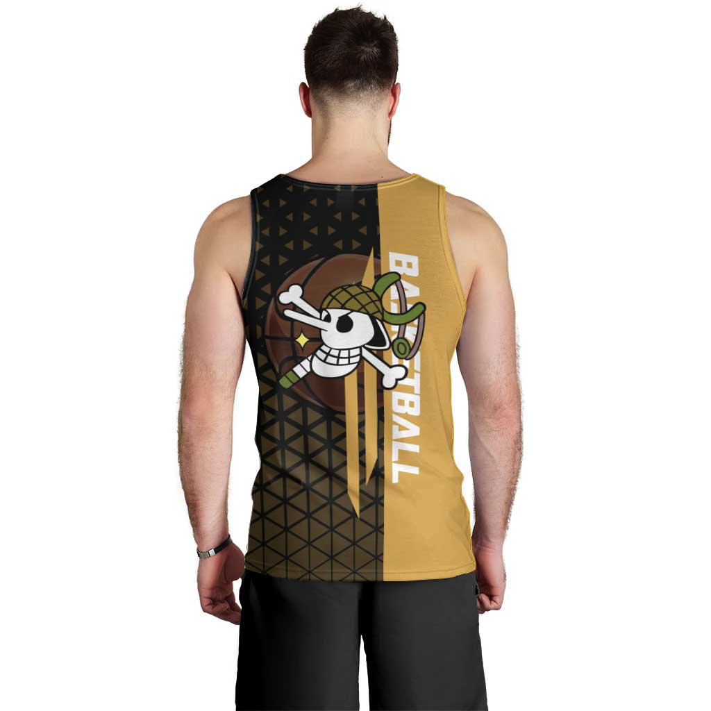Usopp One Piece Basketball Theme Yellow and Black Design Men Tank Top with Sniper Emblem and Action Pose - The Mazicc