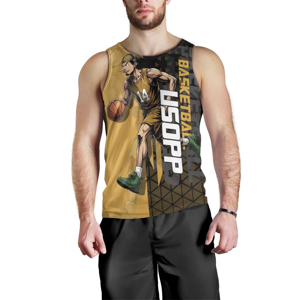Usopp One Piece Basketball Theme Yellow and Black Design Men Tank Top with Sniper Emblem and Action Pose - The Mazicc