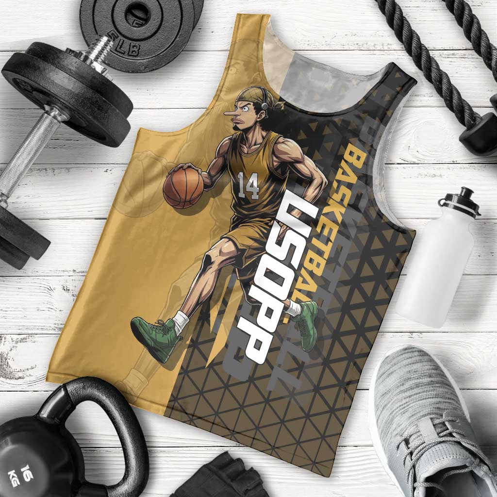Usopp One Piece Basketball Theme Yellow and Black Design Men Tank Top with Sniper Emblem and Action Pose - The Mazicc