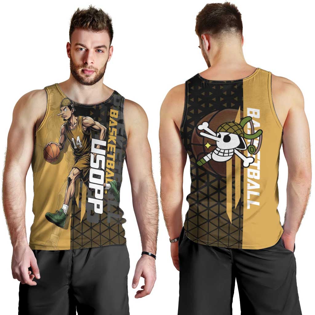 Usopp One Piece Basketball Theme Yellow and Black Design Men Tank Top with Sniper Emblem and Action Pose - The Mazicc