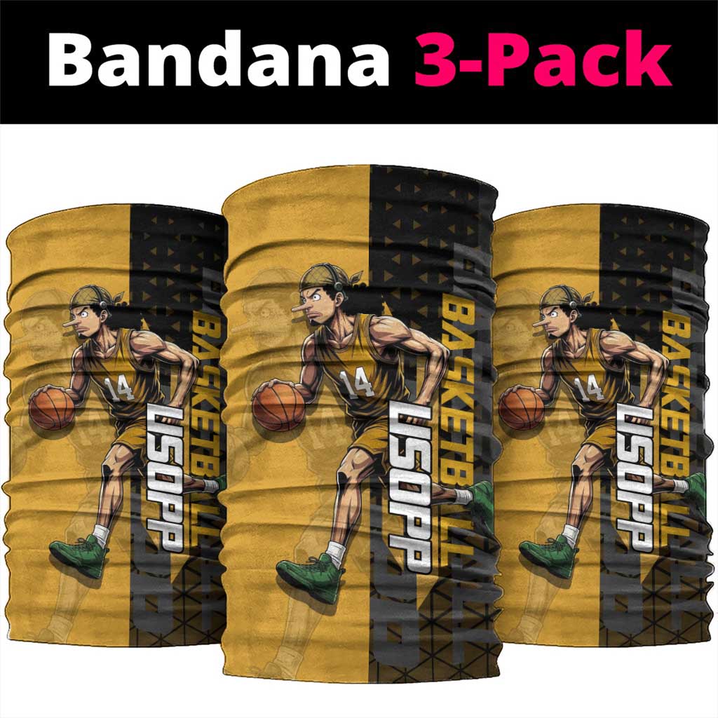 Usopp One Piece Basketball Theme Yellow and Black Design Neck Gaiter with Sniper Emblem and Action Pose - The Mazicc