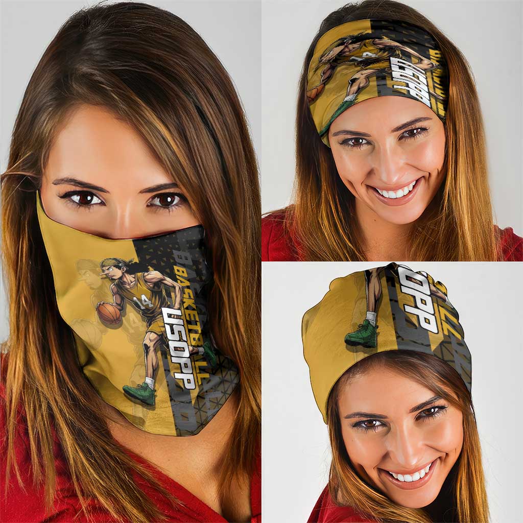 Usopp One Piece Basketball Theme Yellow and Black Design Neck Gaiter with Sniper Emblem and Action Pose - The Mazicc