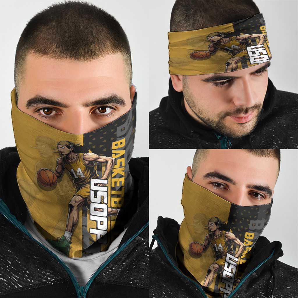 Usopp One Piece Basketball Theme Yellow and Black Design Neck Gaiter with Sniper Emblem and Action Pose - The Mazicc