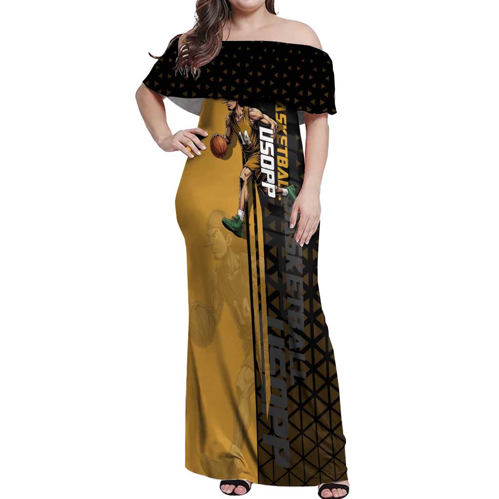 Usopp One Piece Basketball Theme Yellow and Black Design Off Shoulder Maxi Dress with Sniper Emblem and Action Pose - The Mazicc