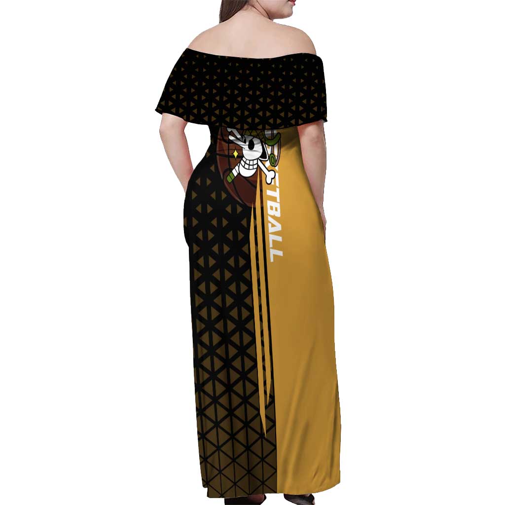 Usopp One Piece Basketball Theme Yellow and Black Design Off Shoulder Maxi Dress with Sniper Emblem and Action Pose - The Mazicc