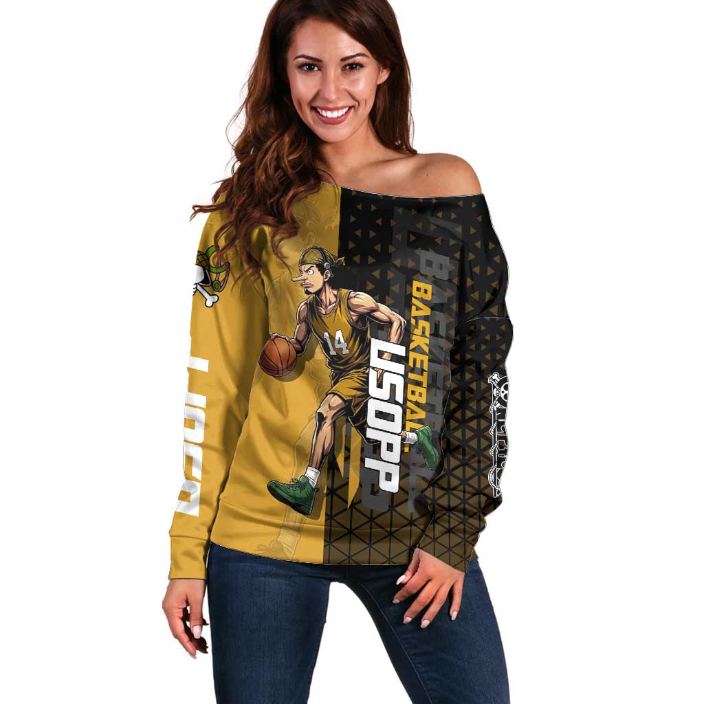 Usopp One Piece Basketball Theme Yellow and Black Design Off Shoulder Sweater with Sniper Emblem and Action Pose - The Mazicc