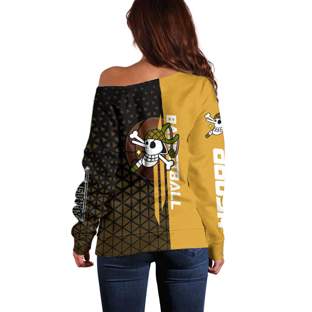Usopp One Piece Basketball Theme Yellow and Black Design Off Shoulder Sweater with Sniper Emblem and Action Pose - The Mazicc