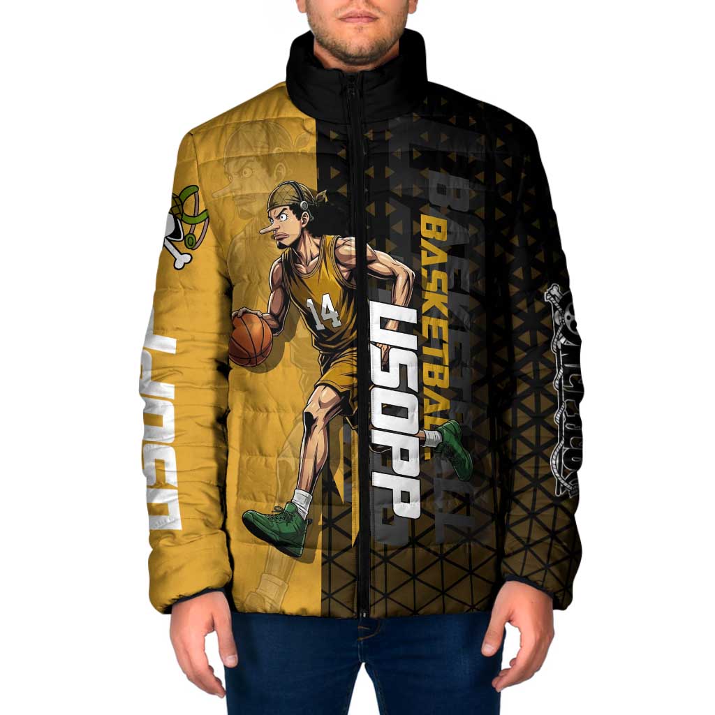 Usopp One Piece Basketball Theme Yellow and Black Design Padded Jacket with Sniper Emblem and Action Pose - The Mazicc
