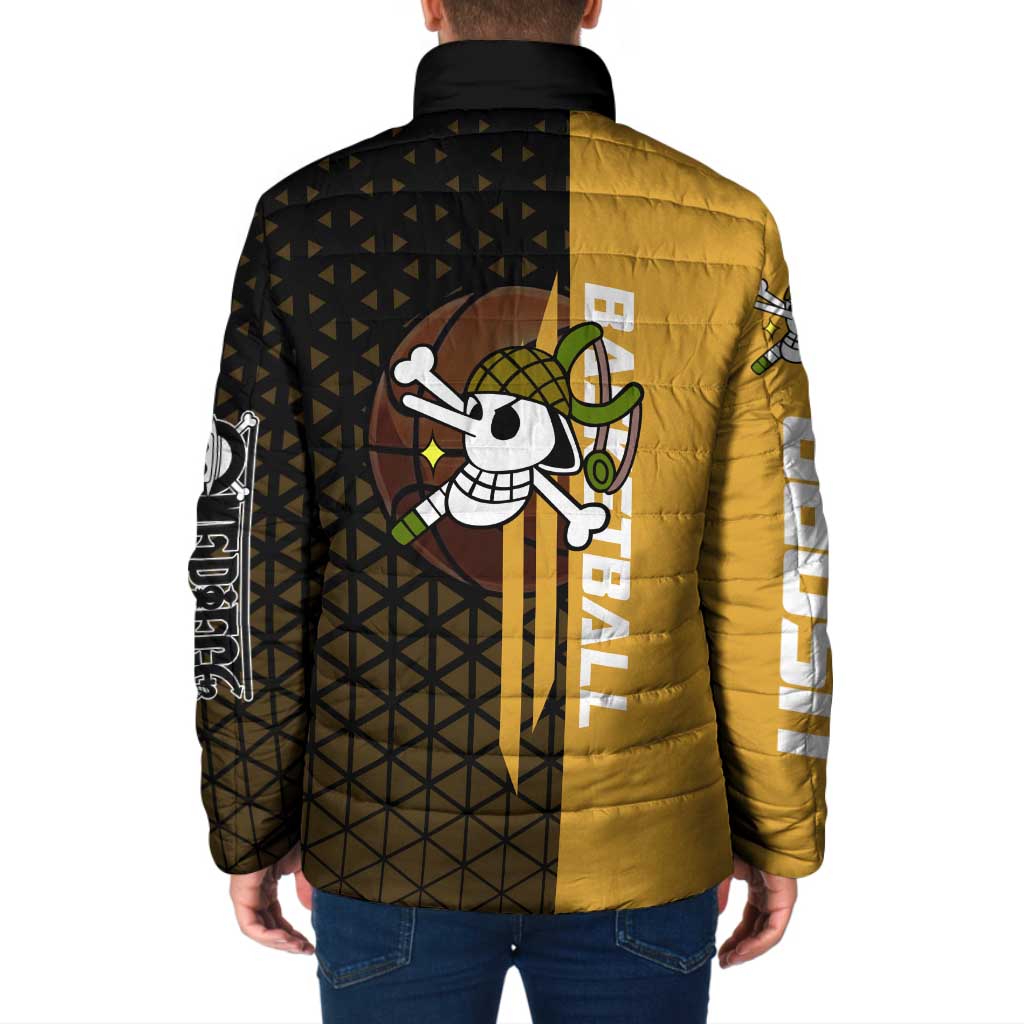 Usopp One Piece Basketball Theme Yellow and Black Design Padded Jacket with Sniper Emblem and Action Pose - The Mazicc