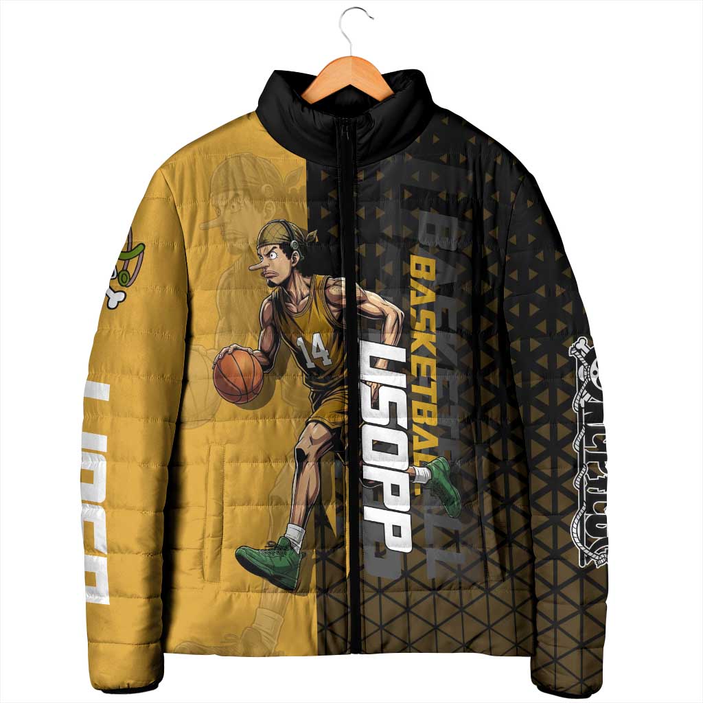 Usopp One Piece Basketball Theme Yellow and Black Design Padded Jacket with Sniper Emblem and Action Pose - The Mazicc