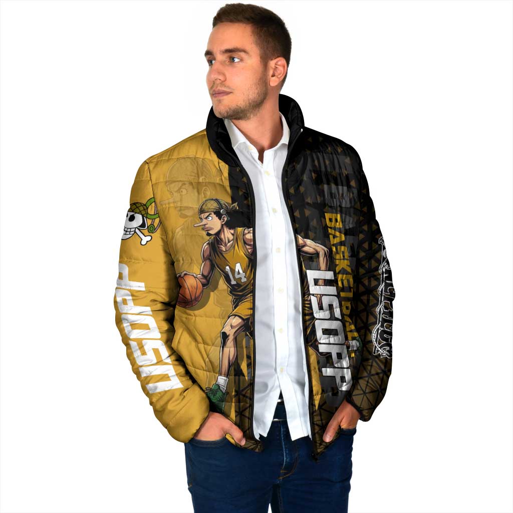 Usopp One Piece Basketball Theme Yellow and Black Design Padded Jacket with Sniper Emblem and Action Pose - The Mazicc