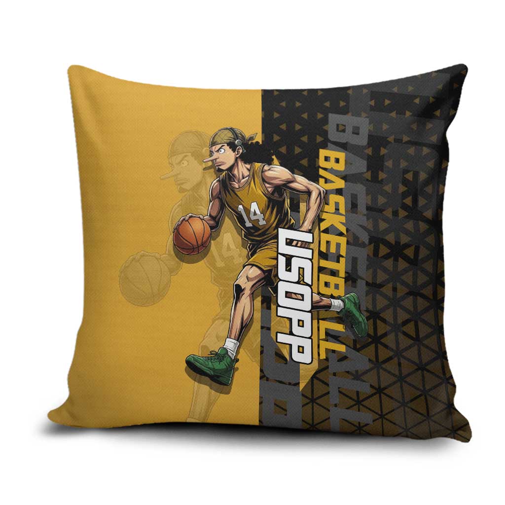 Usopp One Piece Basketball Theme Yellow and Black Design Pillow Cover with Sniper Emblem and Action Pose - The Mazicc