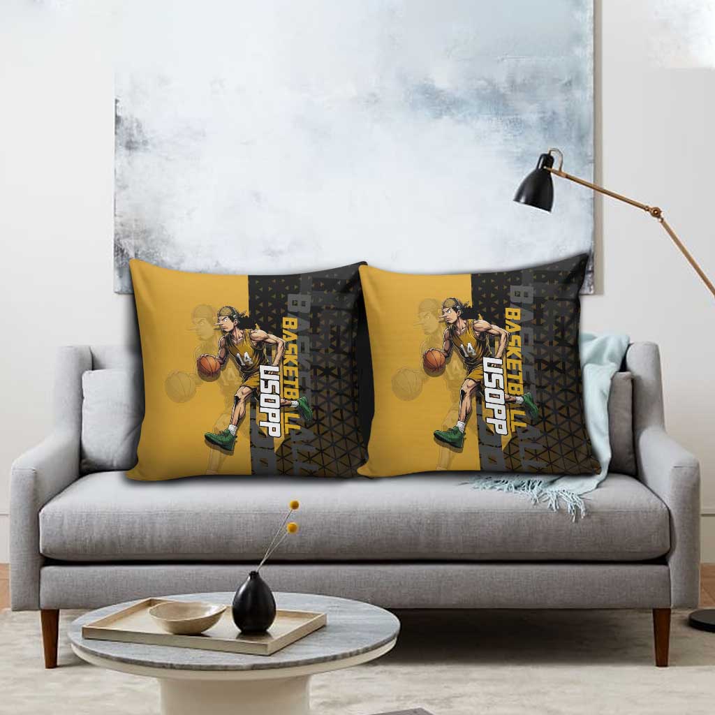 Usopp One Piece Basketball Theme Yellow and Black Design Pillow Cover with Sniper Emblem and Action Pose - The Mazicc