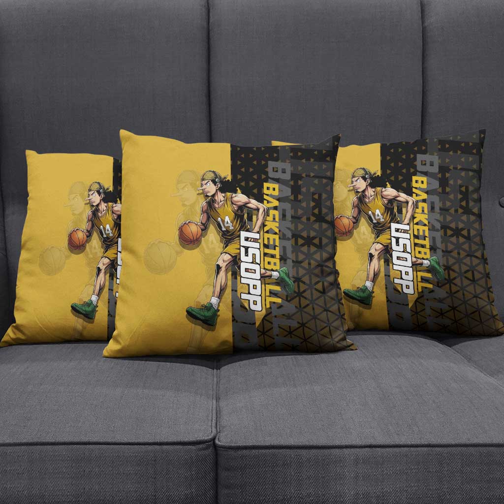 Usopp One Piece Basketball Theme Yellow and Black Design Pillow Cover with Sniper Emblem and Action Pose - The Mazicc