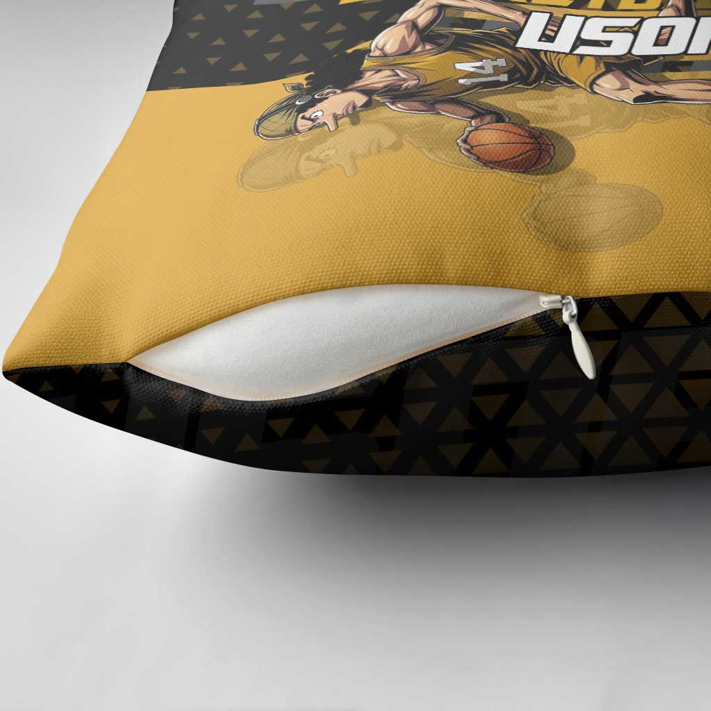 Usopp One Piece Basketball Theme Yellow and Black Design Pillow Cover with Sniper Emblem and Action Pose - The Mazicc