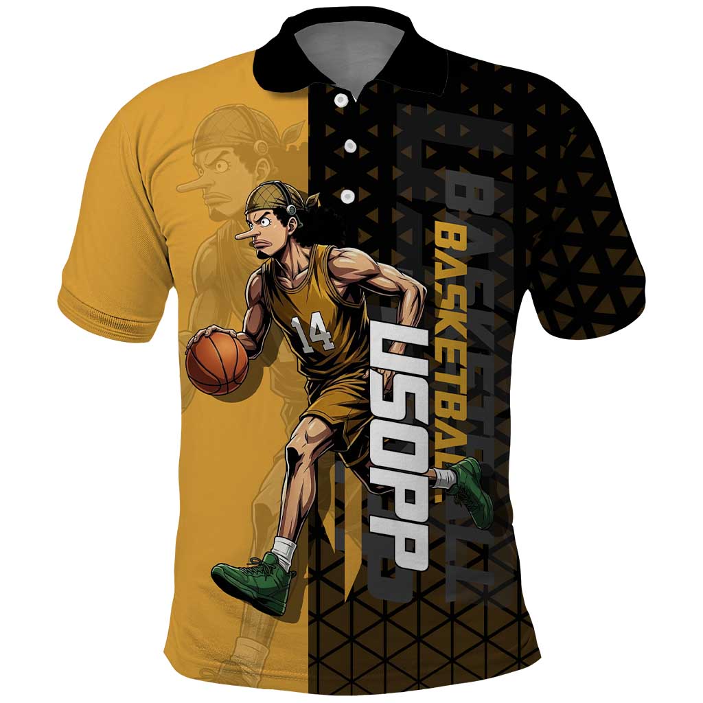 Usopp One Piece Basketball Theme Yellow and Black Design Polo Shirt with Sniper Emblem and Action Pose - The Mazicc