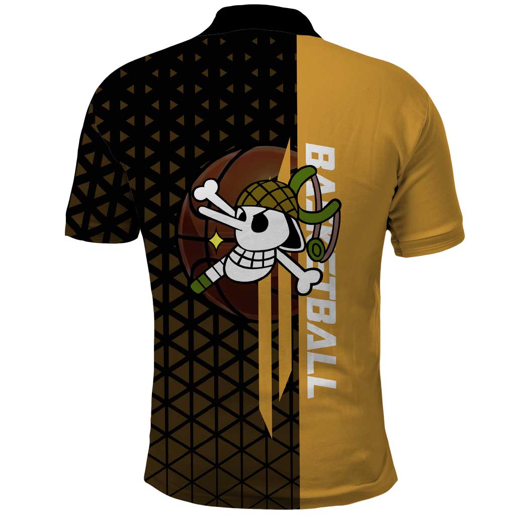 Usopp One Piece Basketball Theme Yellow and Black Design Polo Shirt with Sniper Emblem and Action Pose - The Mazicc