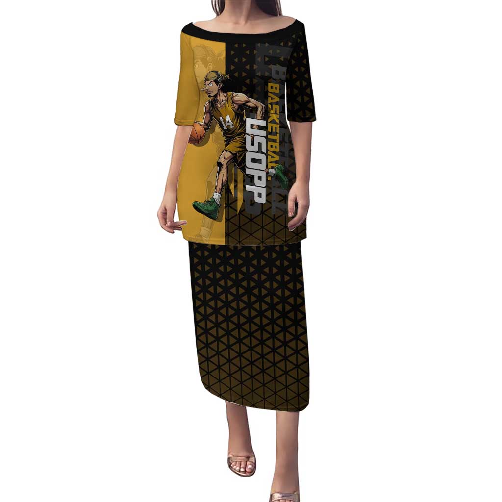 Usopp One Piece Basketball Theme Yellow and Black Design Puletasi with Sniper Emblem and Action Pose - The Mazicc
